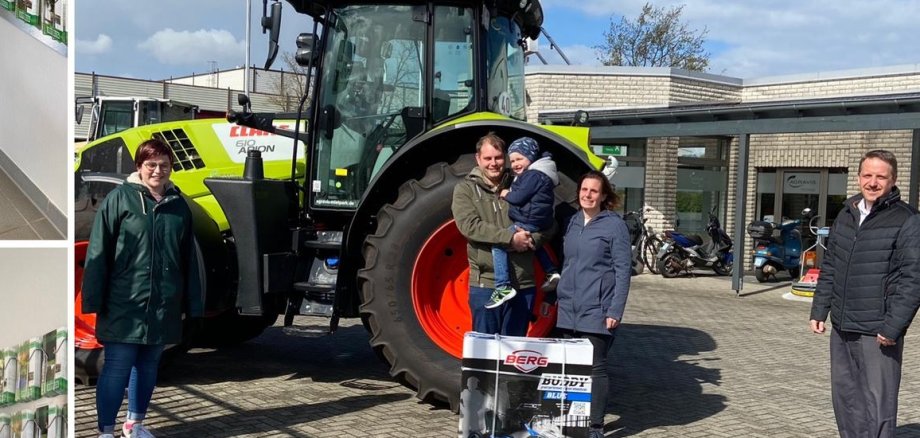 oben links: Carina Peters, Gewinnerin der Alpakawanderung; unten links: Familie Brefeld, Gewinner des Stadtgutscheins; rechts: Maike Knichwitz vom Stadtmarketing Gronau, Gewinner des Kettcars Familie Schmitz und Christian Kröger von der Sparkasse Westmünsterland