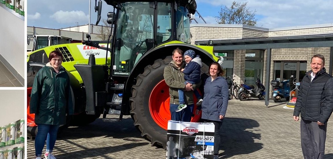 oben links: Carina Peters, Gewinnerin der Alpakawanderung; unten links: Familie Brefeld, Gewinner des Stadtgutscheins; rechts: Maike Knichwitz vom Stadtmarketing Gronau, Gewinner des Kettcars Familie Schmitz und Christian Kröger von der Sparkasse Westmünsterland