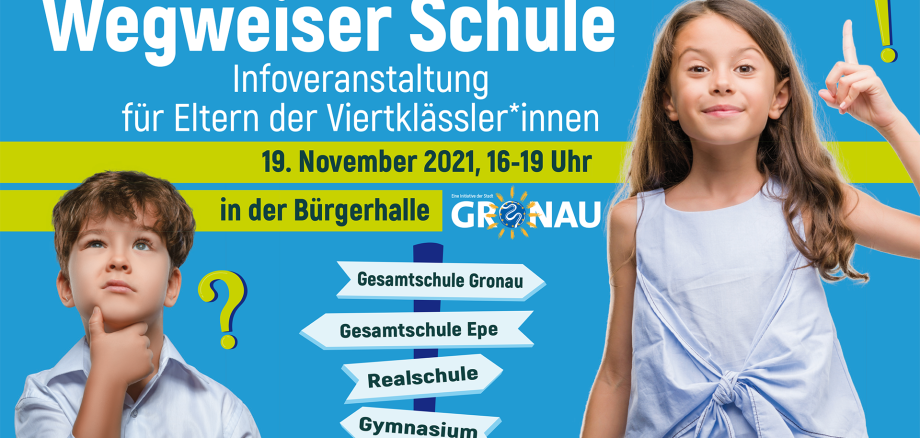 Wegweiser Schule: Infoveranstaltung für Eltern der Viertklässler*innen am 19.11.2021 von 16 bis 19 Uhr in der Bürgerhalle.