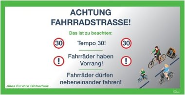 Banner mit Regeln zur Nutzung von Fahrradstraßen