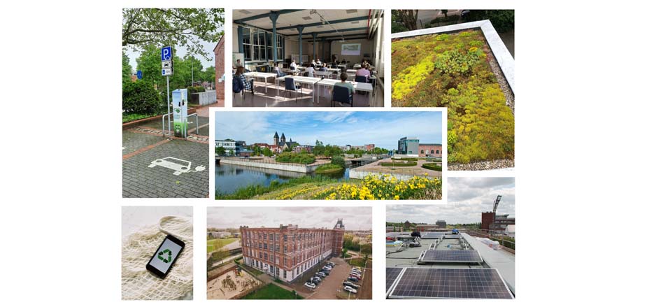 Eine Ladesäule für E-Autos, ein Schulungsraum, ein begrüntes Dach, ein Handy mit einem Recyclingsymbol, das WZG-Gebäude und ein Dach mit Solapaneln. In der Mitte ist ein Bild des LAGA-Geländes.