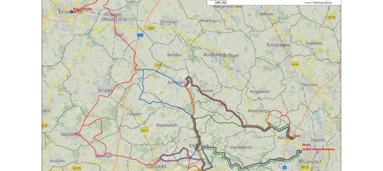 Der Streckenplan mit den unterschiedlichen Routen des Sparkassen Münsterland Giro 2021.