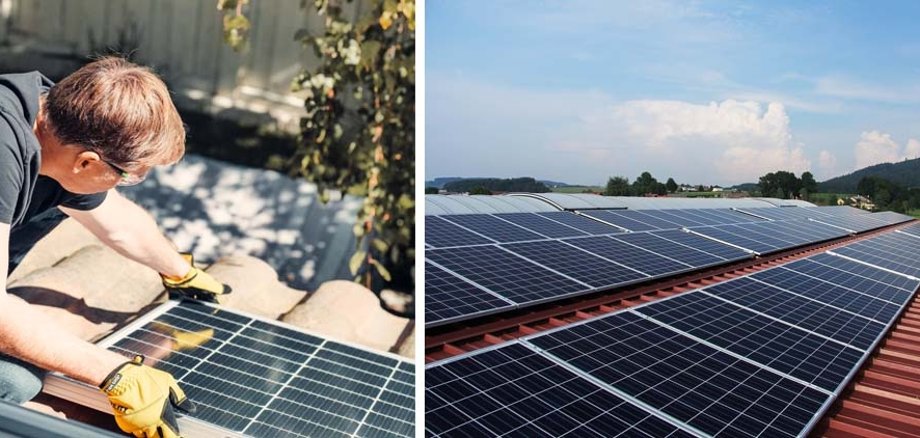 Links: Ein Solarmodul wird auf einem Dach angebracht. Rechts: Solarmodule auf einem Dach.