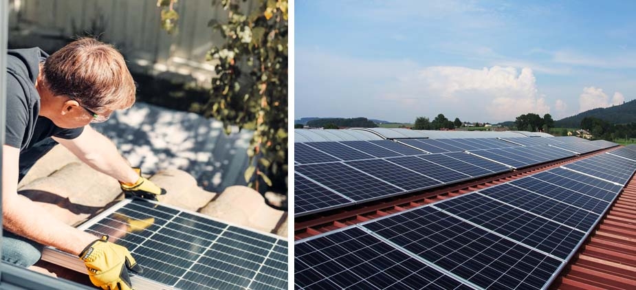 Links: Ein Solarmodul wird auf einem Dach angebracht. Rechts: Solarmodule auf einem Dach.