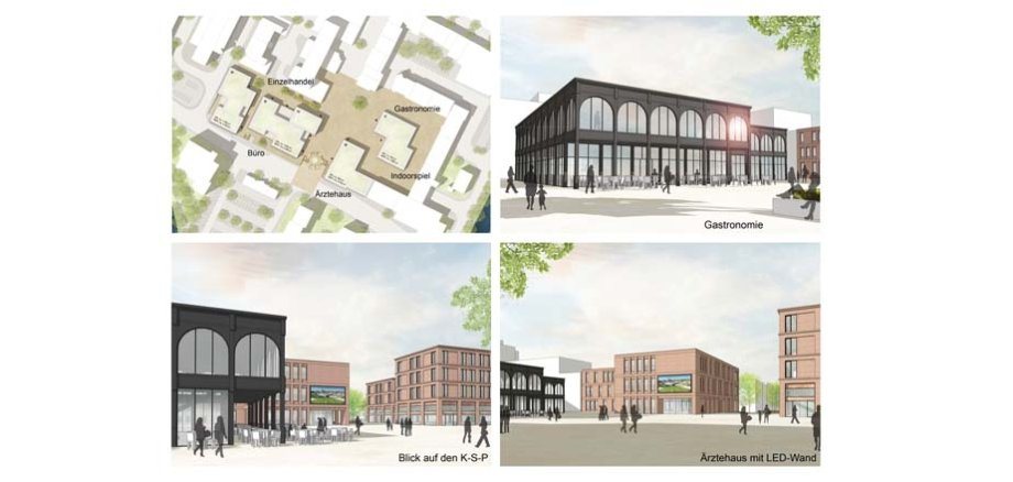 Die vier Bilder stellen Entwürfe für die Innenstadtentwicklung rund um den Kurt-Schumacher-Platz sowie das Hertie-Gelände dar.