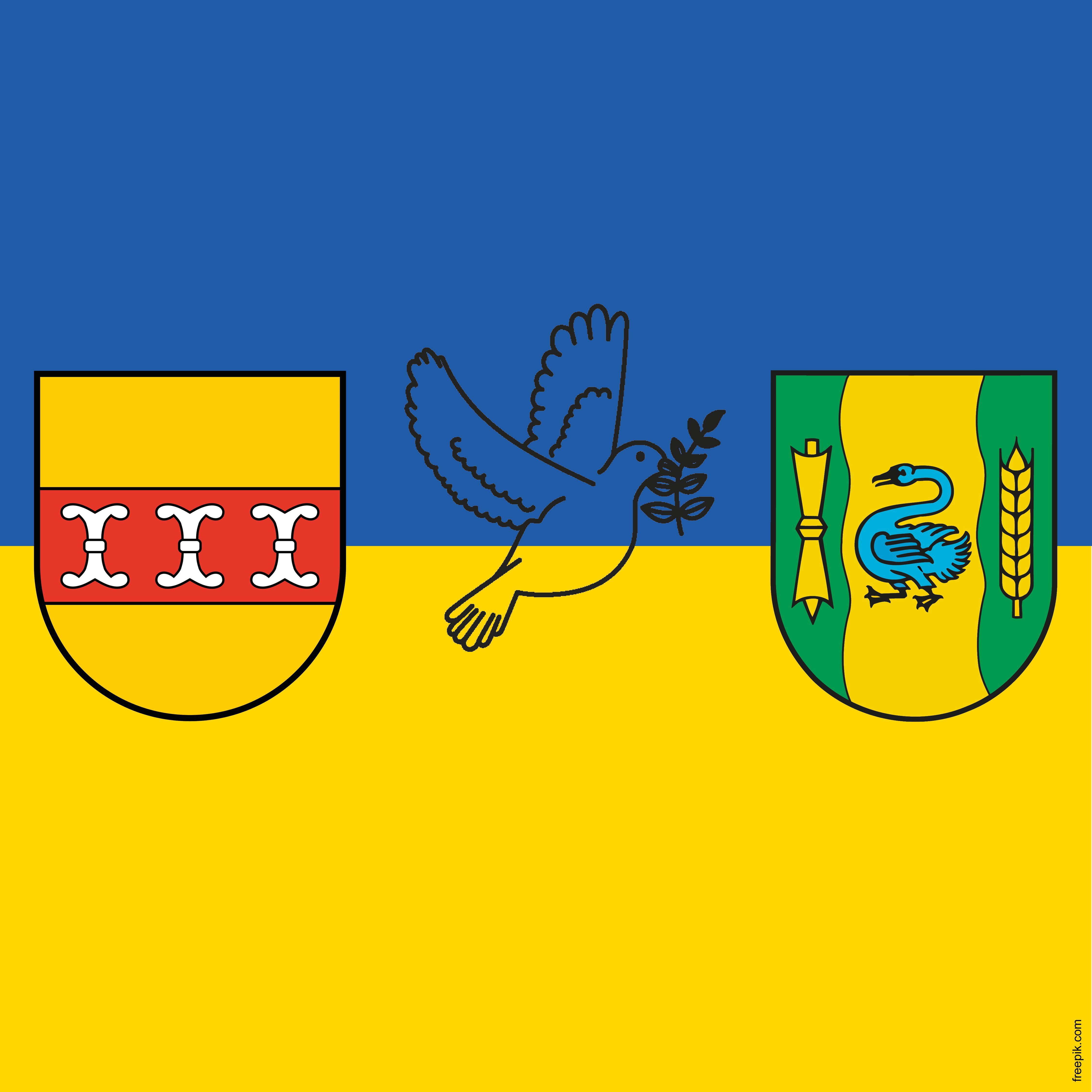 Wappen des Kreis Borken und der Stadt Gronau sowie eine Friedenstaube auf den Farben blau und gelb der Ukraine