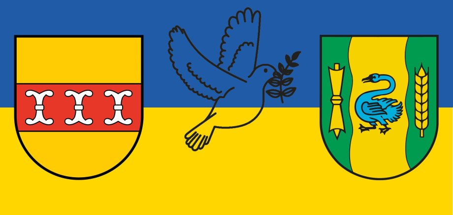 Wappen des Kreis Borken und der Stadt Gronau sowie eine Friedenstaube auf den Farben blau und gelb der Ukraine