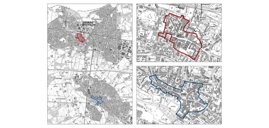 In drei Karten sind die jeweiligen Bezirke in Gronau und Epe eingezeichnet.