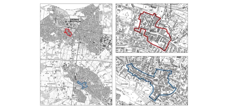In drei Karten sind die jeweiligen Bezirke in Gronau und Epe eingezeichnet.