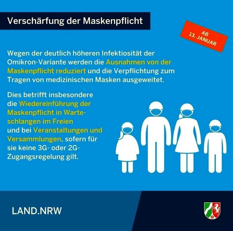 Schaubild des Landes NRW zu den neuen Coronaregeln, hier: Verschärfung der Maskenpflicht