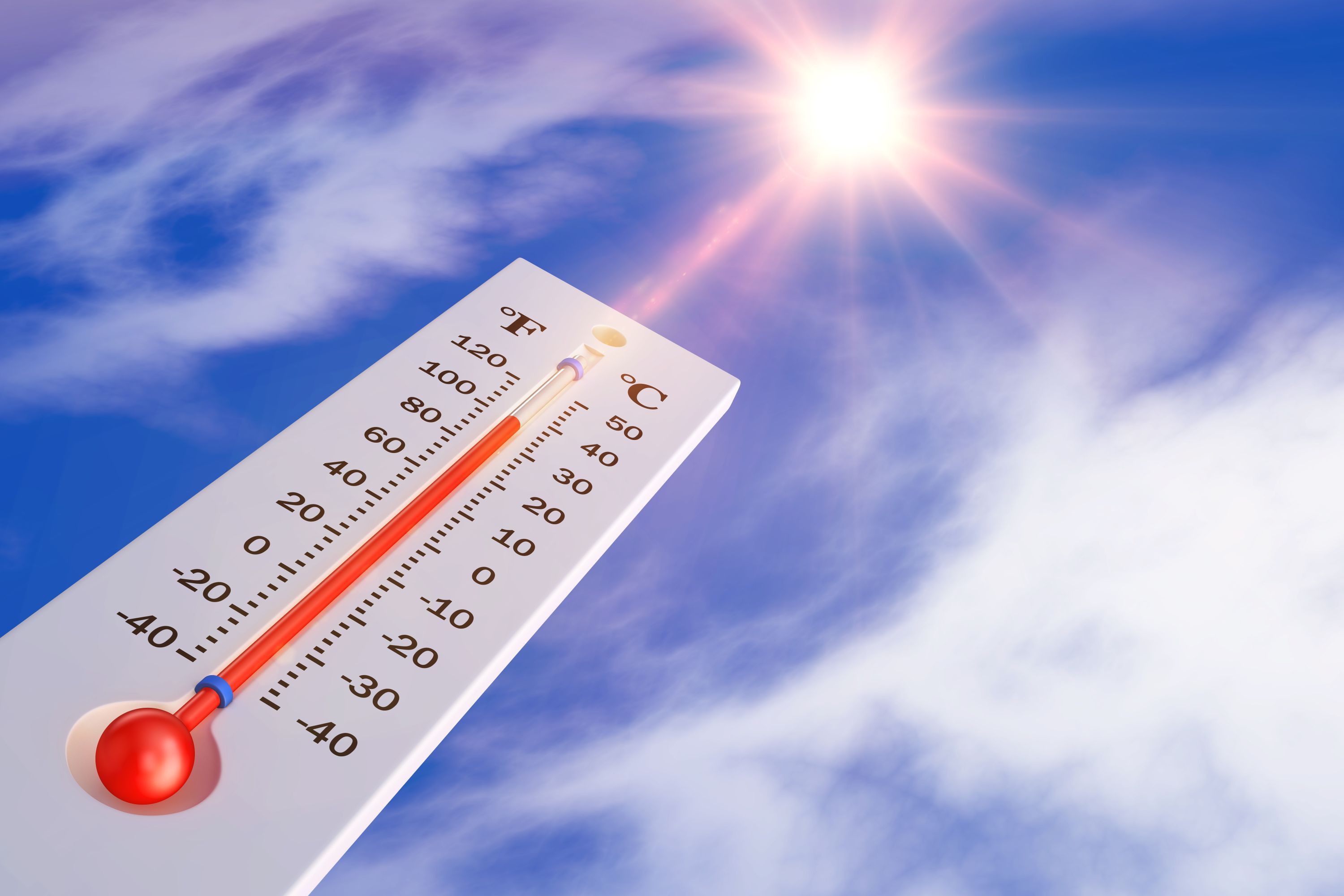 Ein Thermometer, das hohe Temperaturen zeigt, sowie starker Sonnenschein.