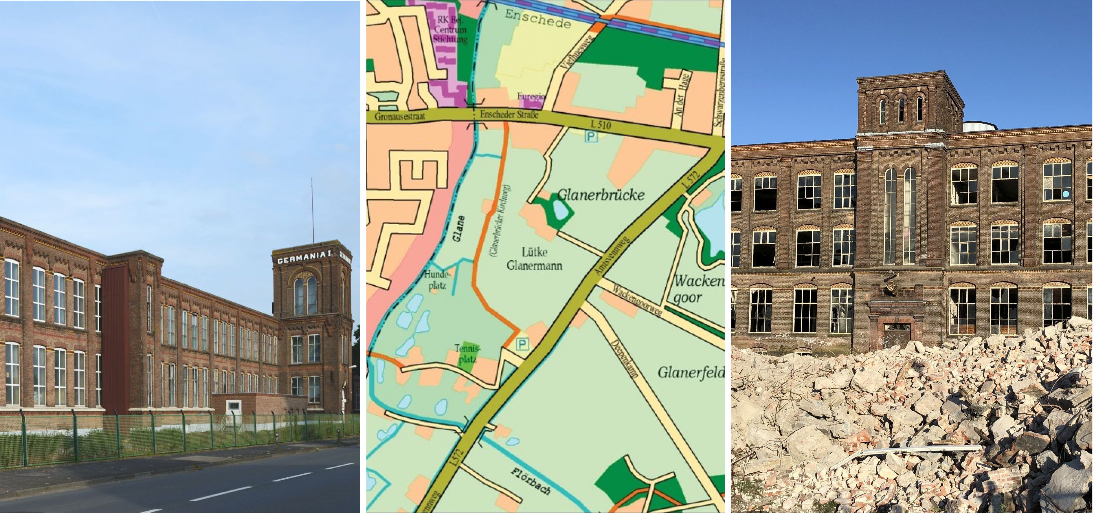 Collage mit dem Germania-Gebäude, einem Ausschnitt eines Lageplans und dem BSG-Gebäude