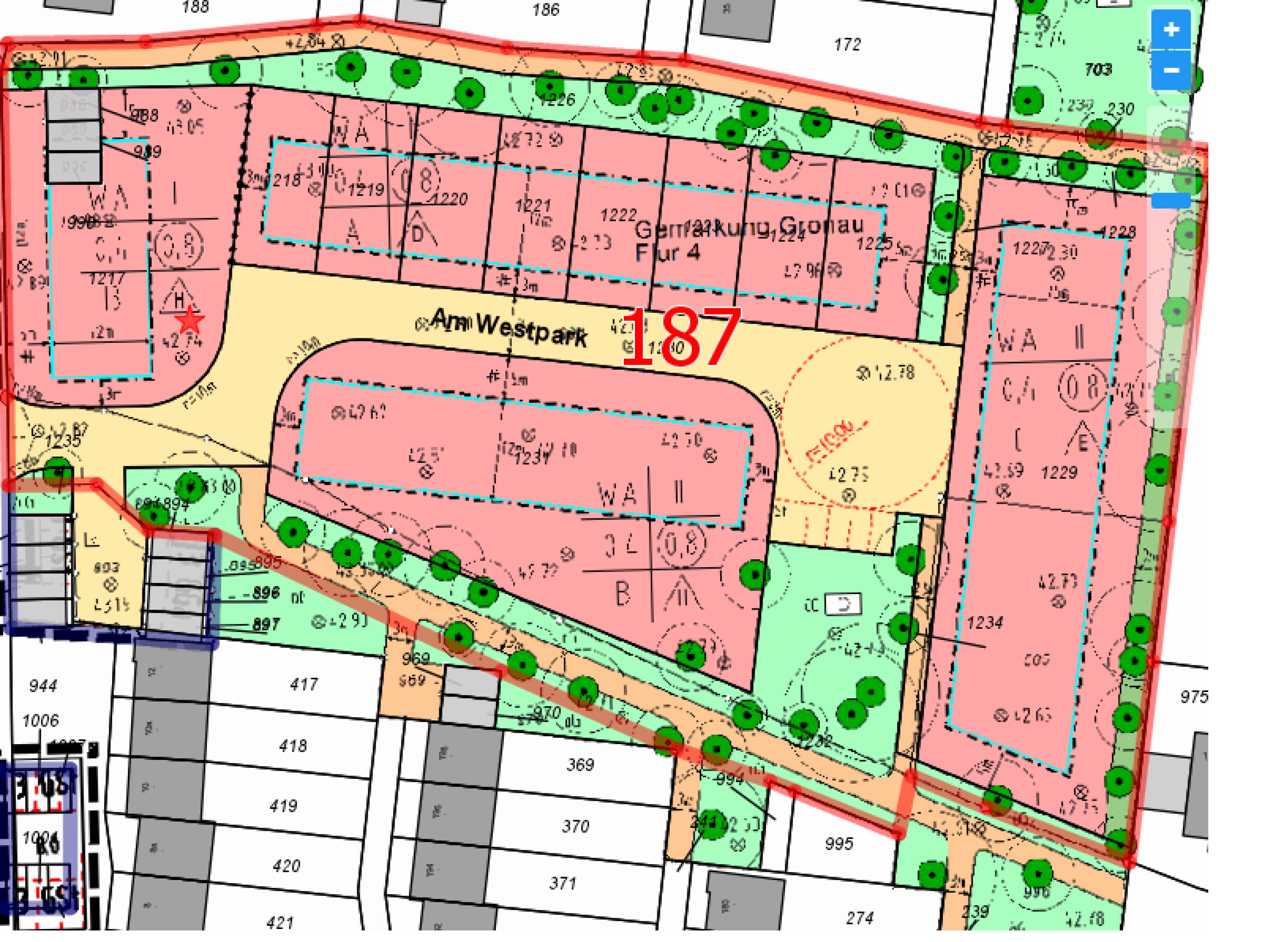 Ausschnitt aus einem Lageplan, der das neue Baugebiet "Am Westpark" zeigt.