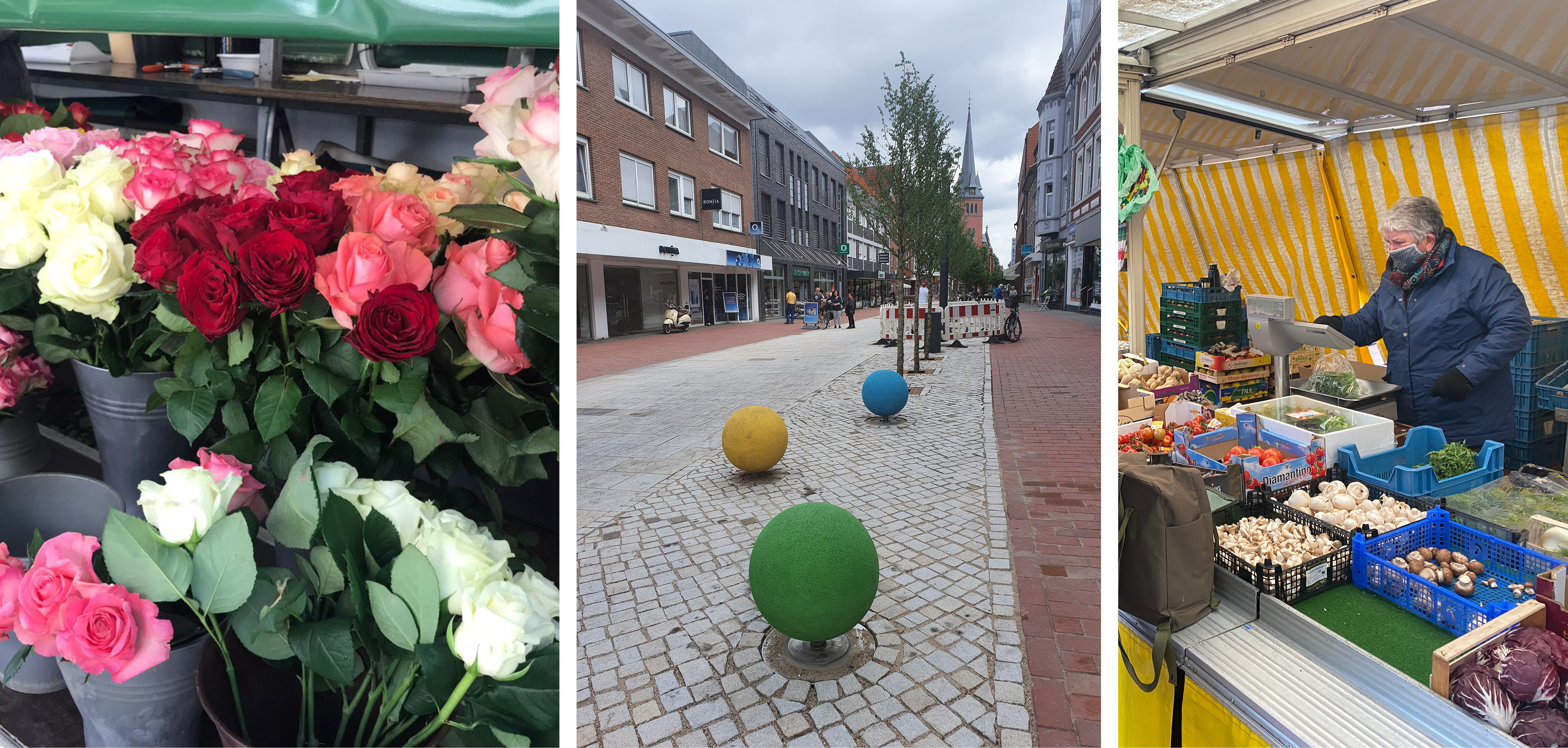 Eine Collage aus bunten Blumen, den Blick in die Neustraße und ein Marktstand mit Gemüse und Obst