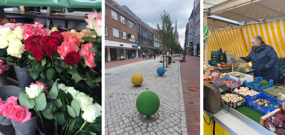 Eine Collage aus bunten Blumen, den Blick in die Neustraße und ein Marktstand mit Gemüse und Obst
