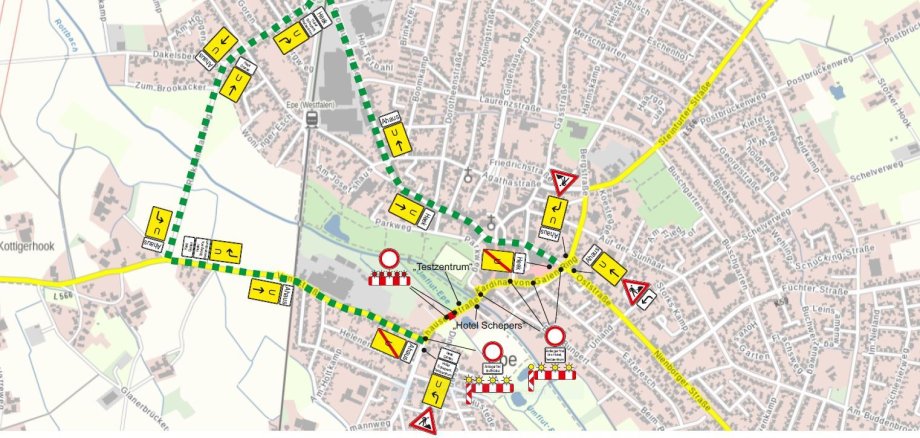 Die Straßensperrungen und -umleitungen während der Baustelle.