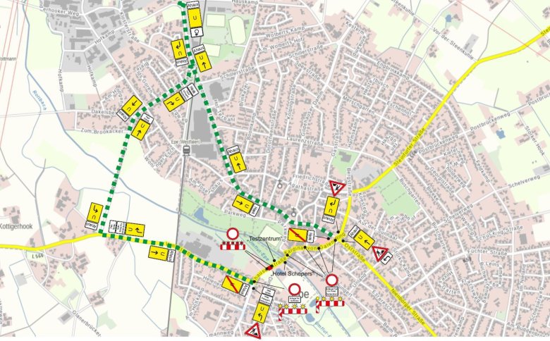 Die Straßensperrungen und -umleitungen während der Baustelle.