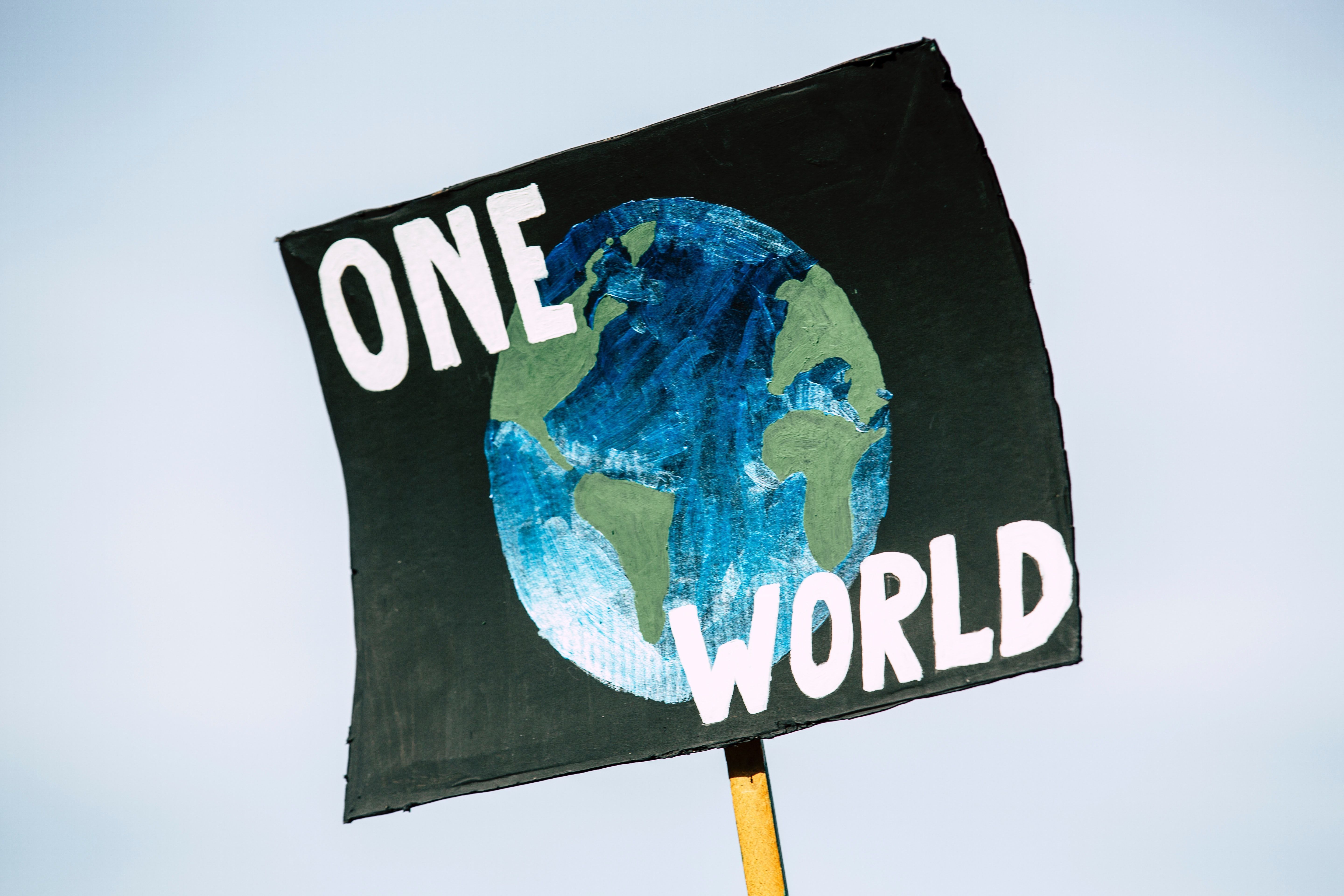 Plakat mit der Weltkugel und der Aufschrift One World