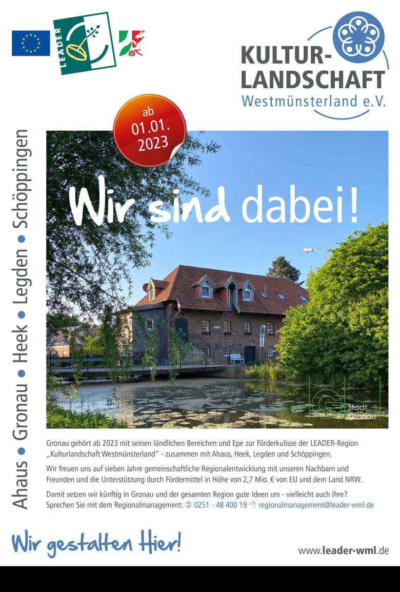Plakat zum LEADER-Projekt mit einem Foto der Schepers Mühle - Link öffnet seitenüberlagerndes Dialog-Fenster