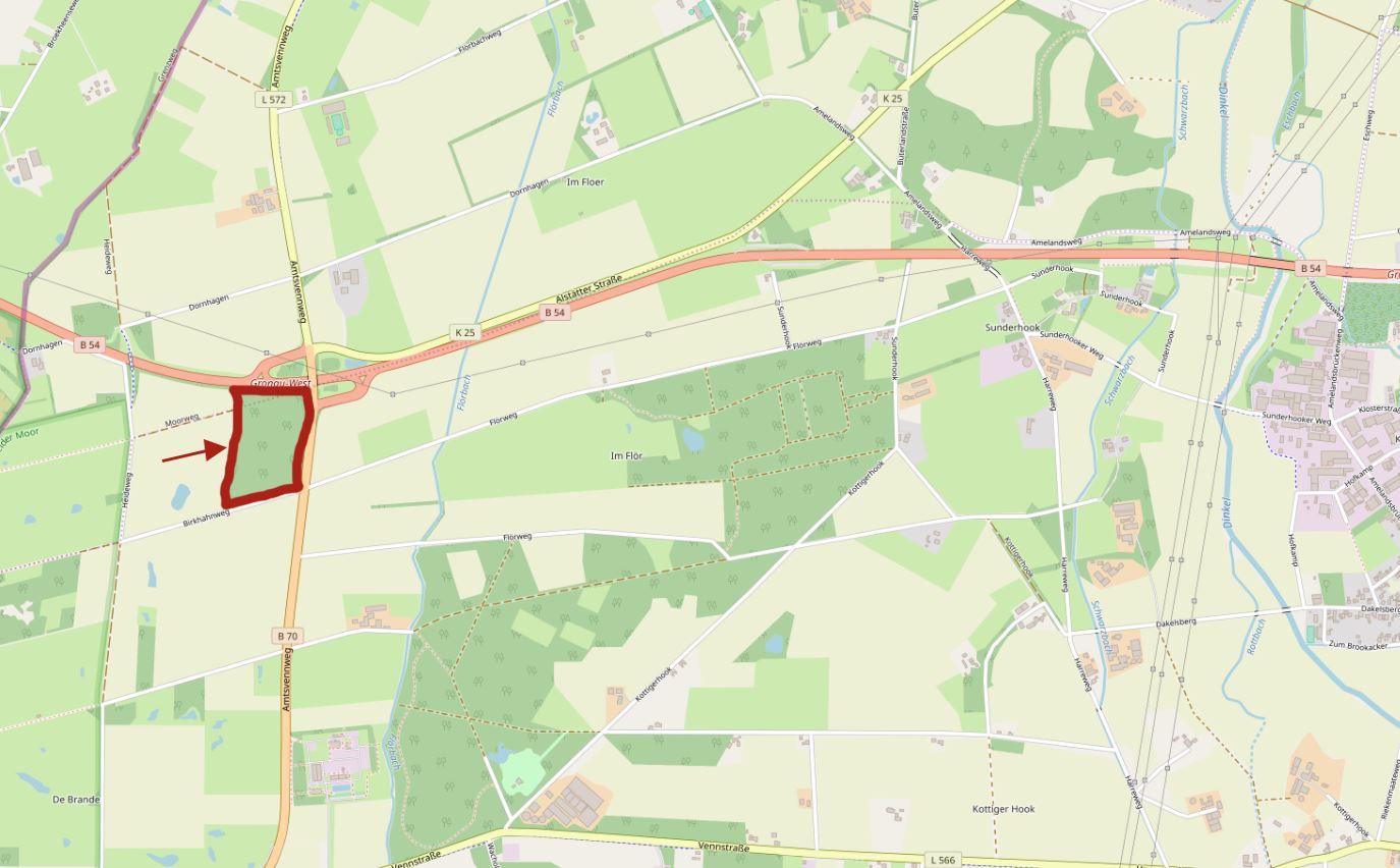 Der Pendlerparkplatz an der B54 in rot markiert.