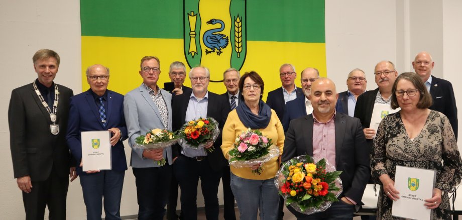 Alle geehrten und ausgezeichneten Ratmitglieder mit Bürgermeister Rainer Doetkotte