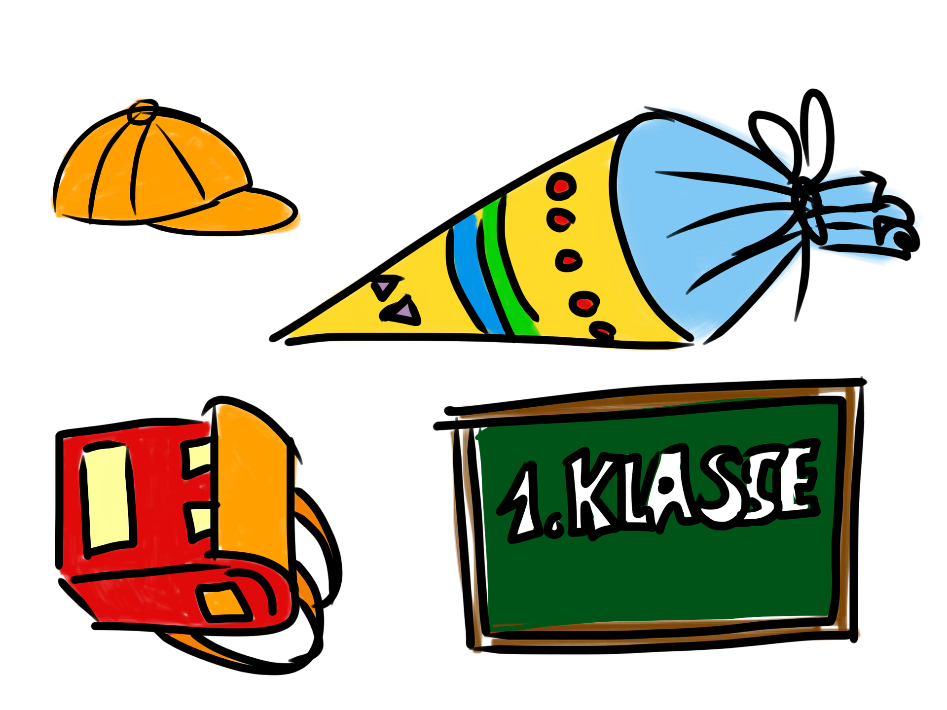Eine Schultüte, ein Schulranzen, eine Mütze sowie eine Tafel mit der Aufschrift 1. Klasse.