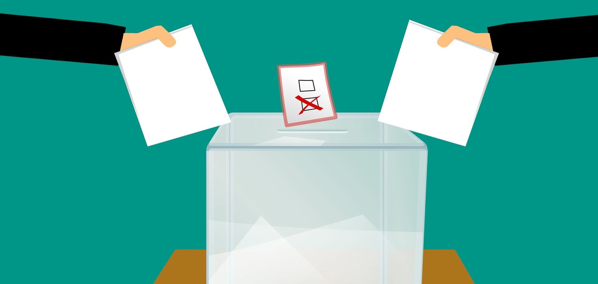 Zwei Hände werfen Abstimmungszettel in eine Urne.