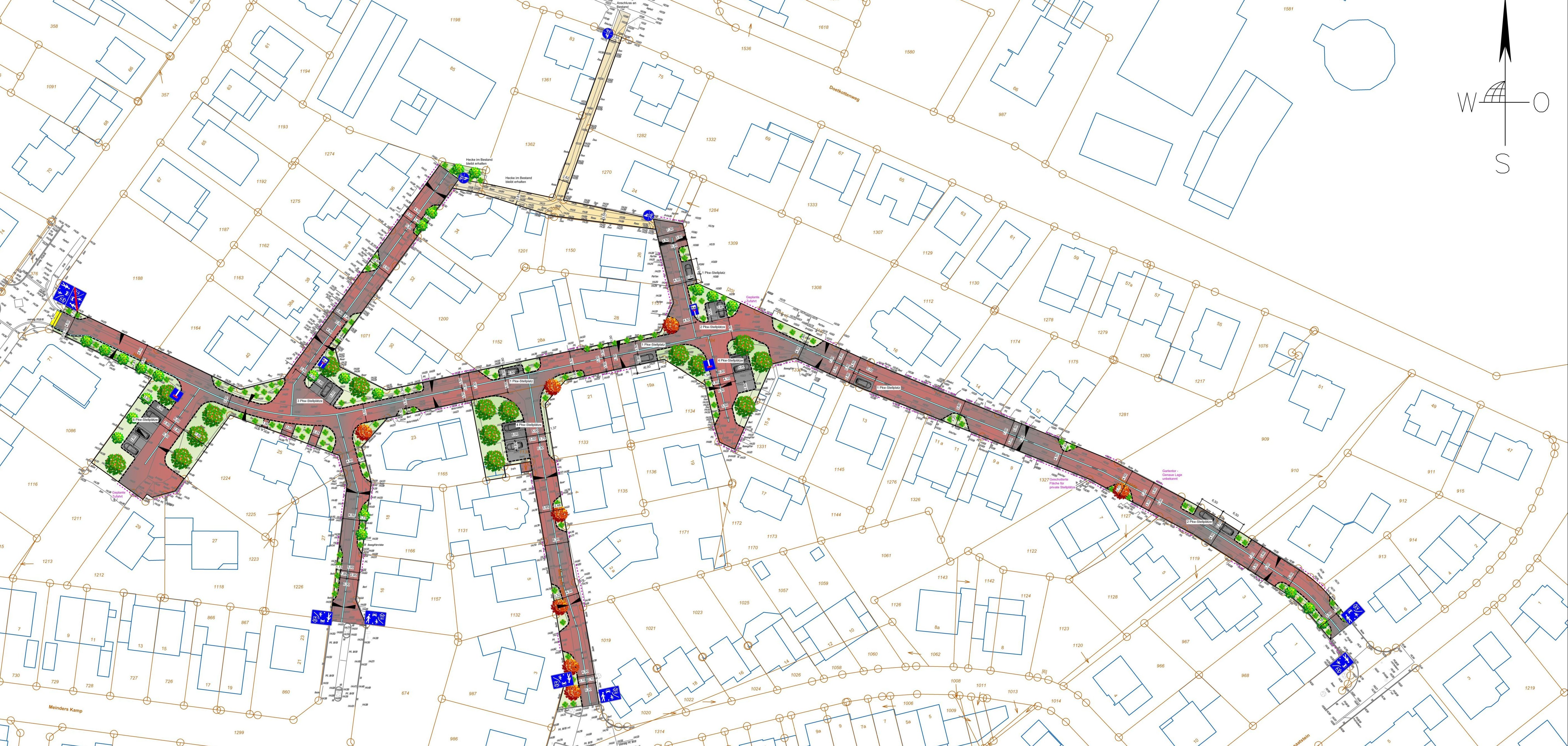 Der Lageplan mit dem eingezeichneten Straßenendausbau.