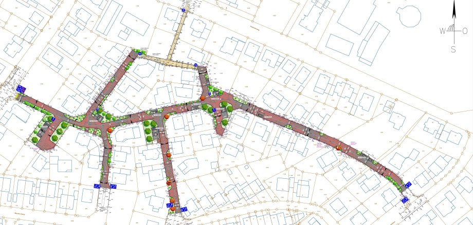 Der Lageplan mit dem eingezeichneten Straßenendausbau.