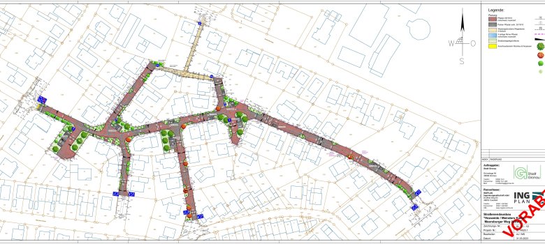 Der Lageplan mit dem eingezeichneten Straßenendausbau.