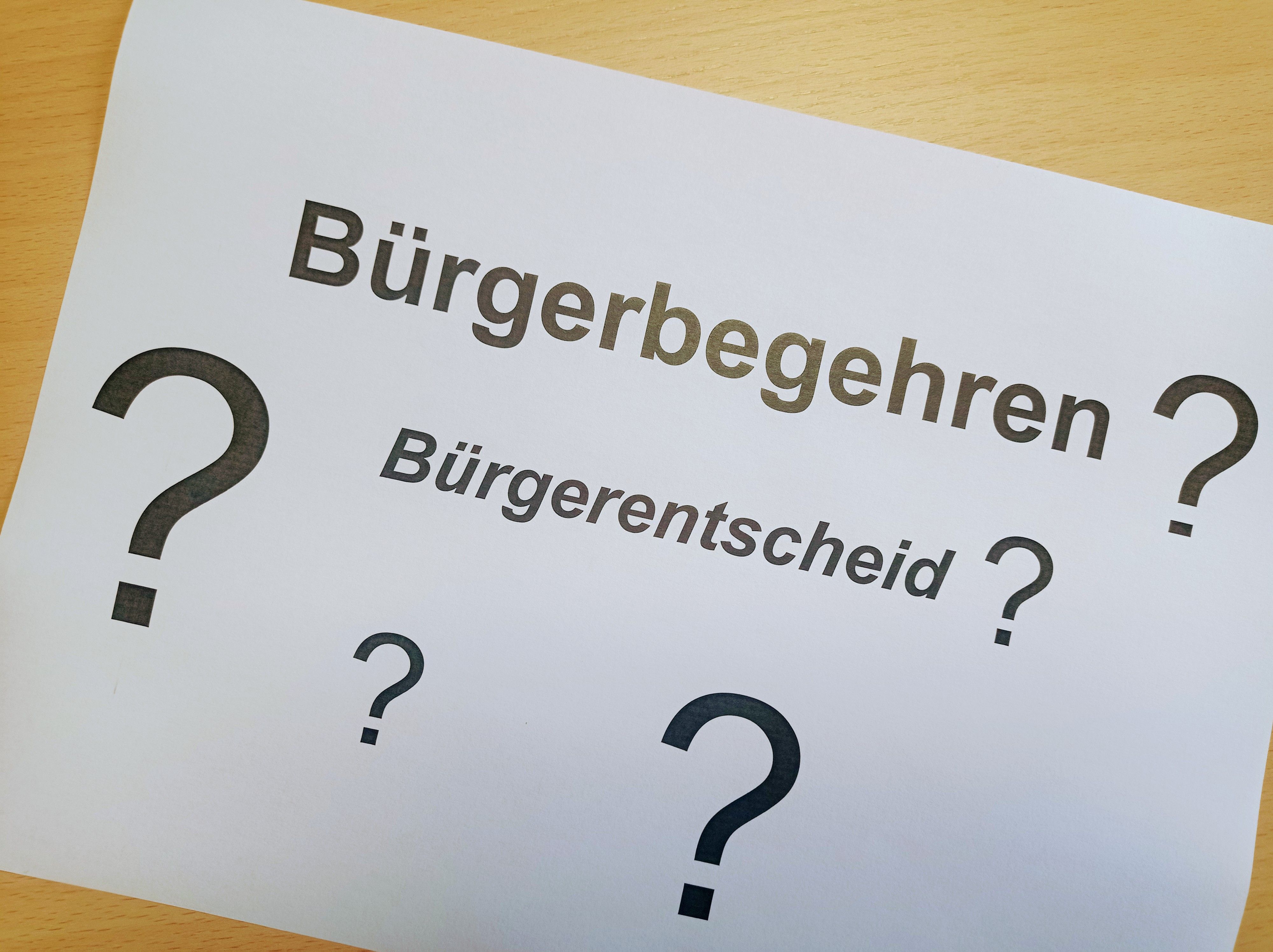 Beschriftetes DIN-A4 Blatt mit der Aufschrift Bürgerbegehren und Bürgerentscheid