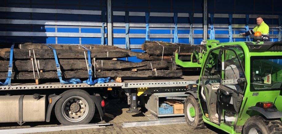 Eichenbalken aus der Hertie-Grube auf einem Stapel