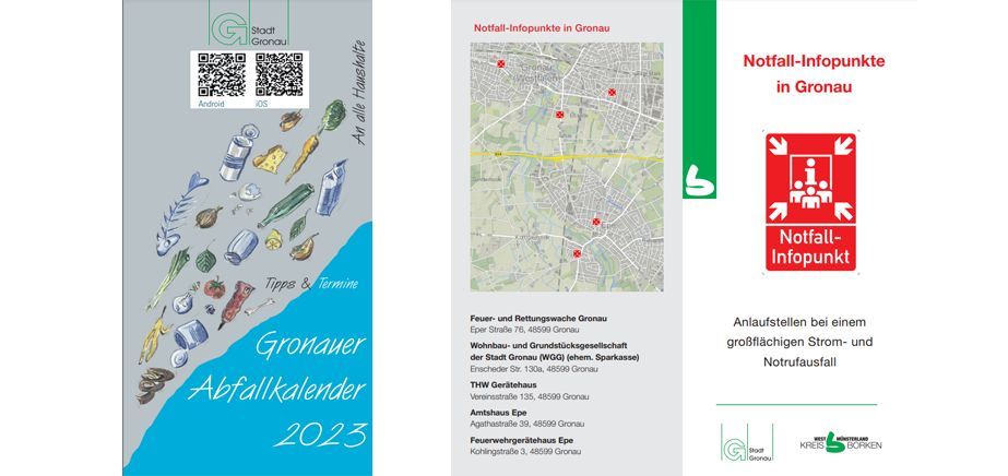 Das Deckblatt des Abfallkalenders 2023 und zwei Seiten des Notfall-Infopunkte Flyers.