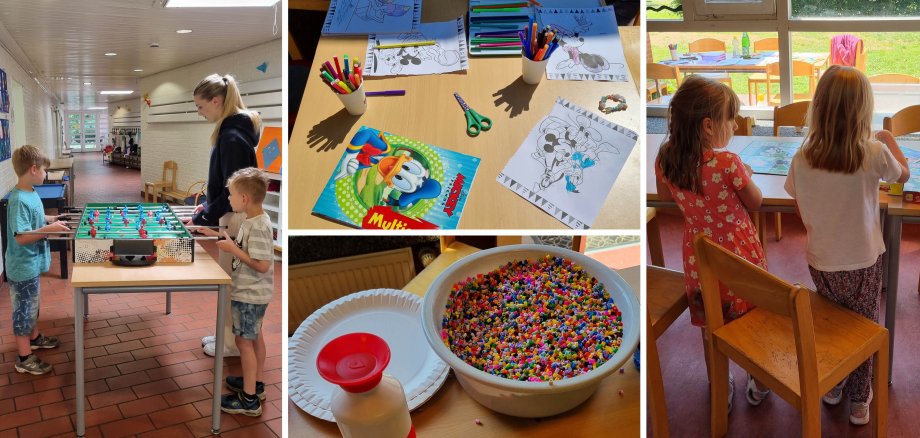 Collage: Bilder von der Ferienkindern beim basteln und spielen