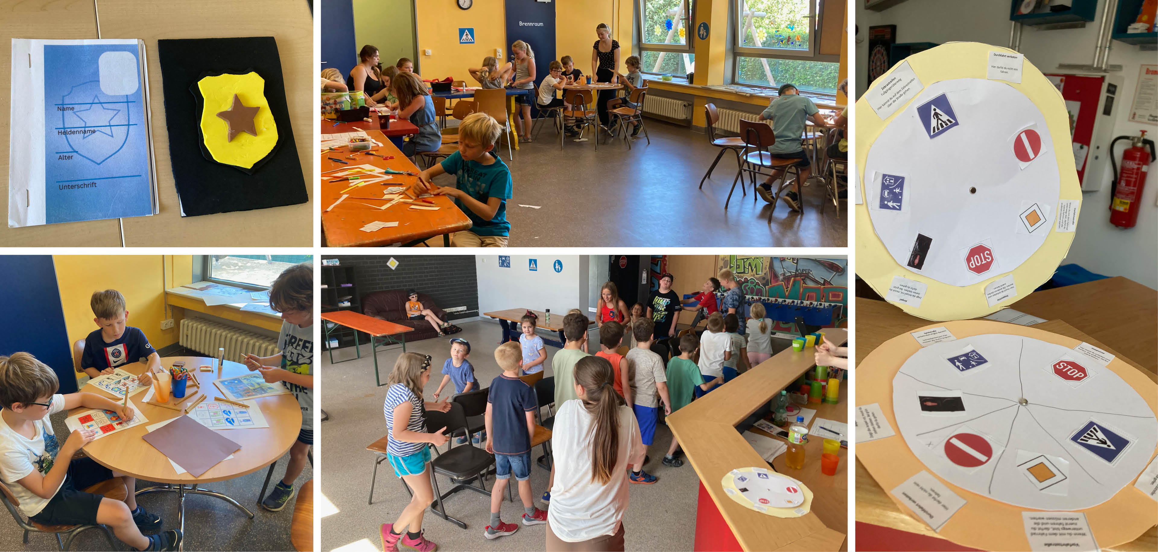 Collage: Ferienkinder beim basteln, malen und spielen.