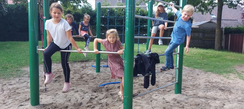 Mehrere Kinder turnen am Klettergerüst.