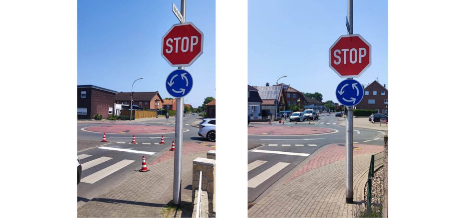 Die Stop-Schilder am Kreisverkehr Alter Postweg/Vereinsstraße.