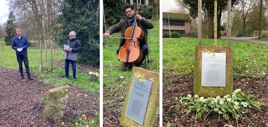 Bürgermeister Rainer Doetkotte, Integrationsbeauftragter Ahmet Sezer und Cellist Luis Andrade.