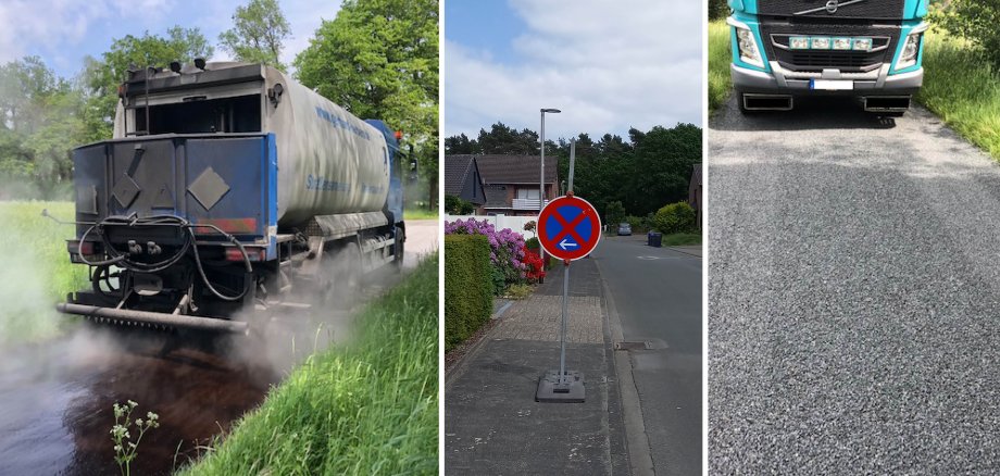 Straßenunterhaltungsarbeiten mit entsprechenden Maschinen sowie ein Halteverbotsschild.