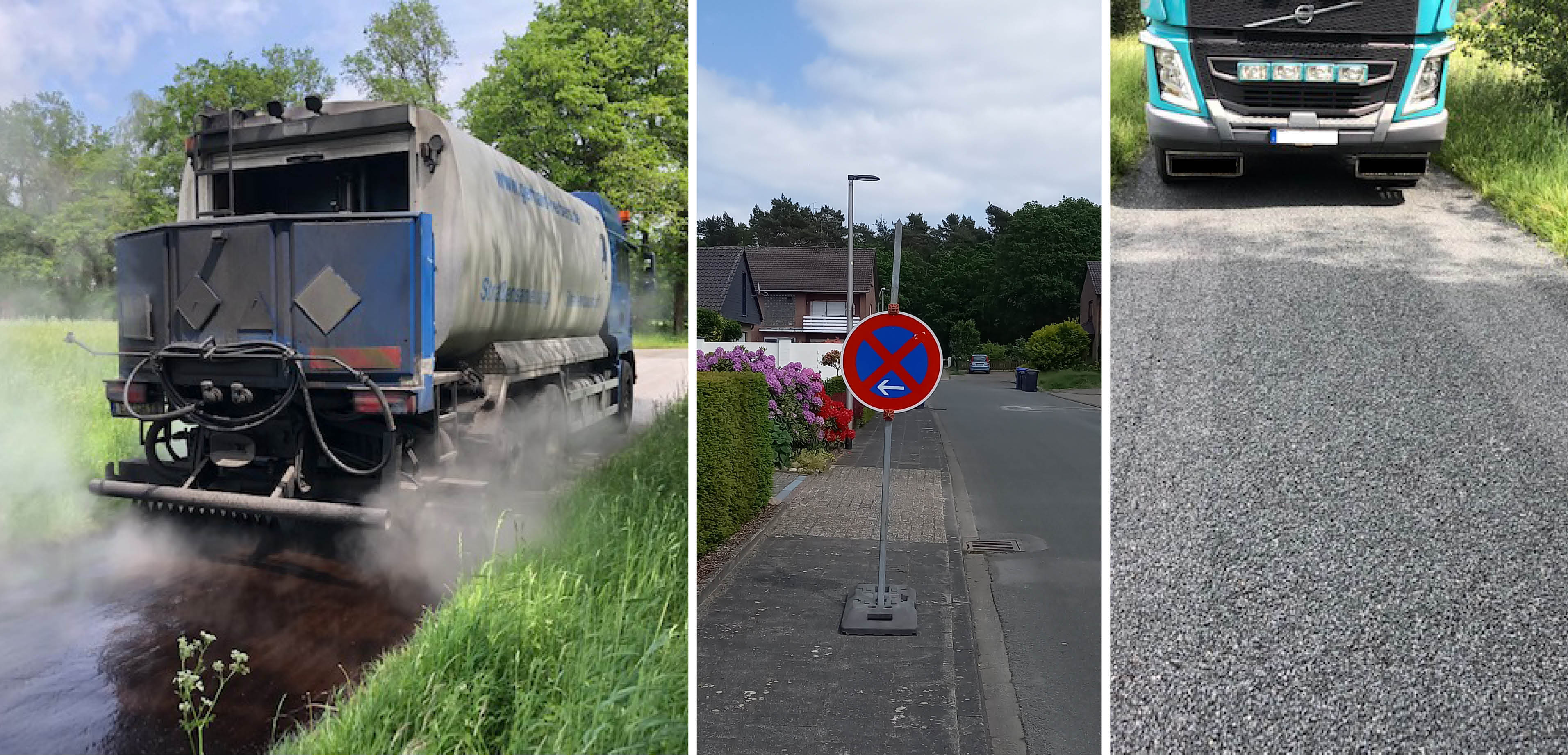 Straßenunterhaltungsarbeiten mit entsprechenden Maschinen sowie ein Halteverbotsschild.