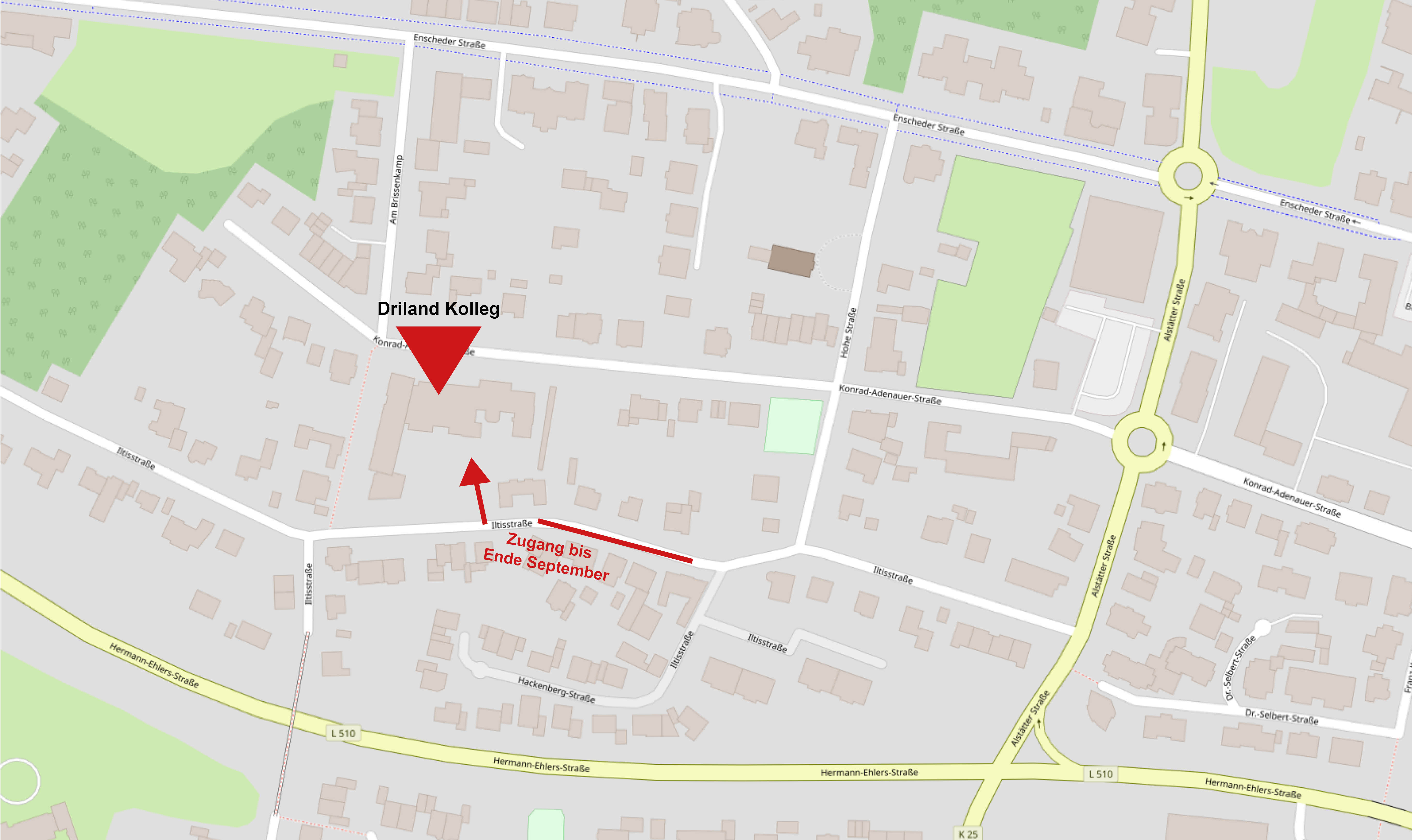 Die Einfahrt zum Driland-Kolleg über die Iltisstraße.