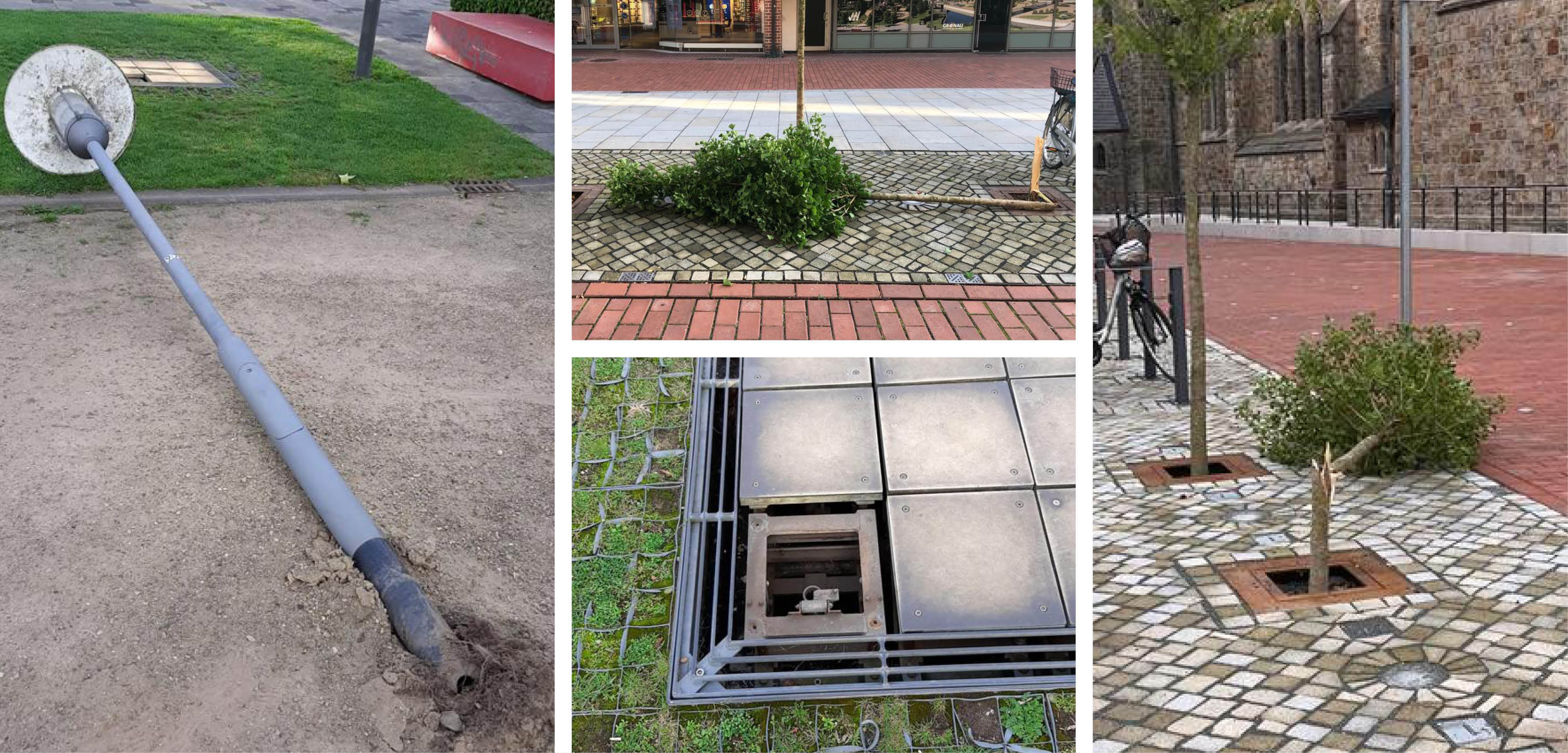 Laterne auf dem Boden, Tanz-Glockenspiel Bodenplatte mit Gewalt entfernt, Baum mutwillig abgebrochen