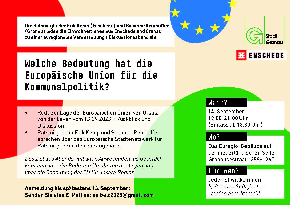 Welche Bedeutung hat die Europäische Union für die Kommunalpolitik? Einladung von Enschede und Gronau.