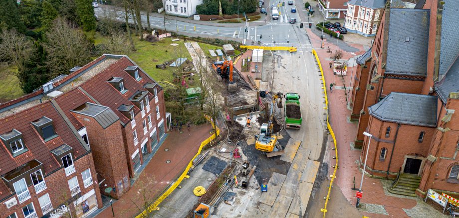 Luftbild Ansicht der Kreuzung Gildehauser Straße/Ochtruper Straße mit Baustelle