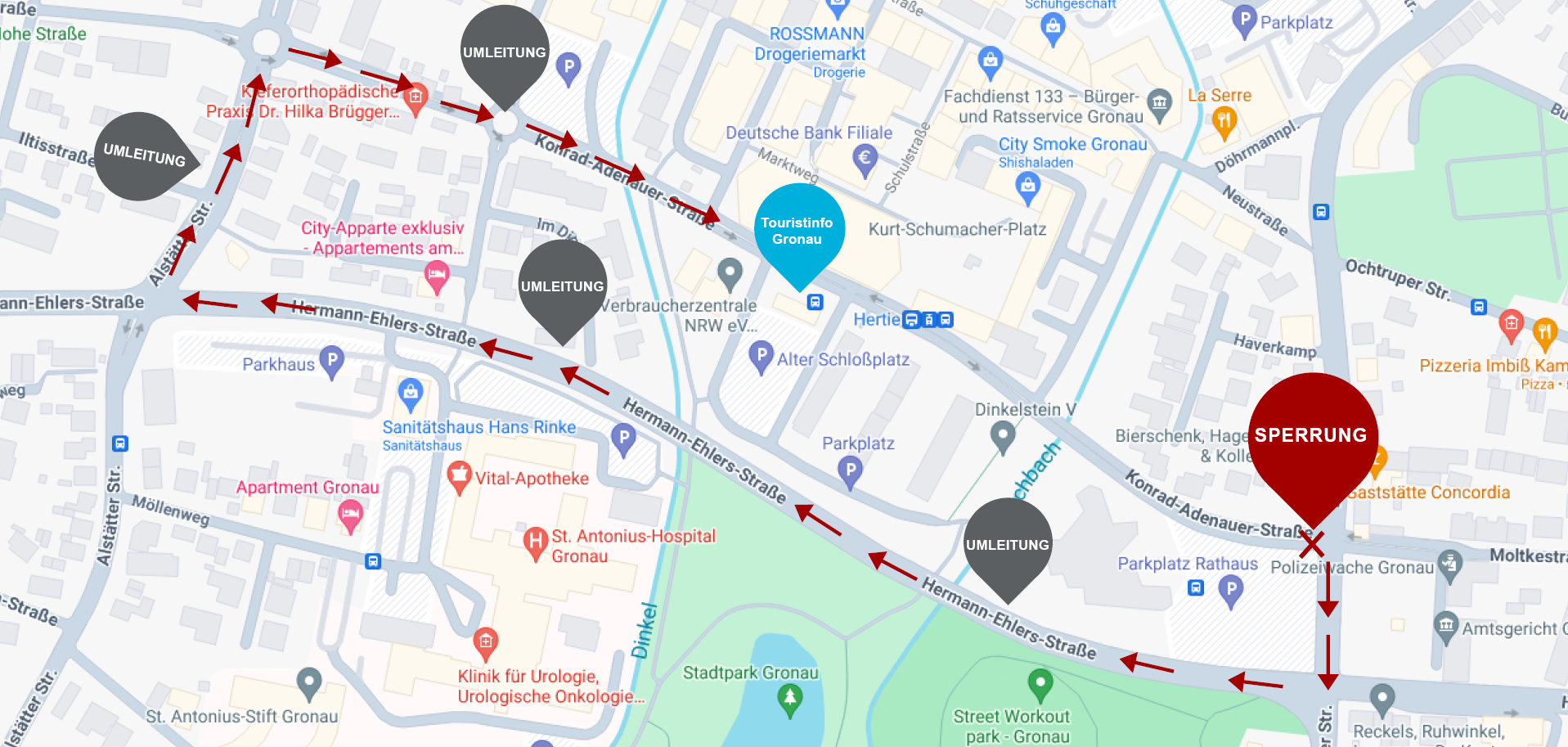 Stadtkarte Gronau mit Hinweisen zur Umleitung über die Hermann-Ehlers-Straße.