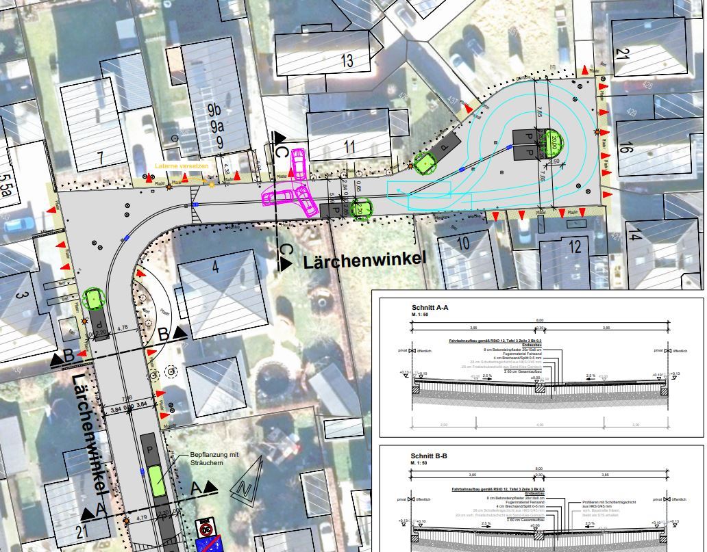 Plan des Endausbaus der Straße "Lärchenwinkel"