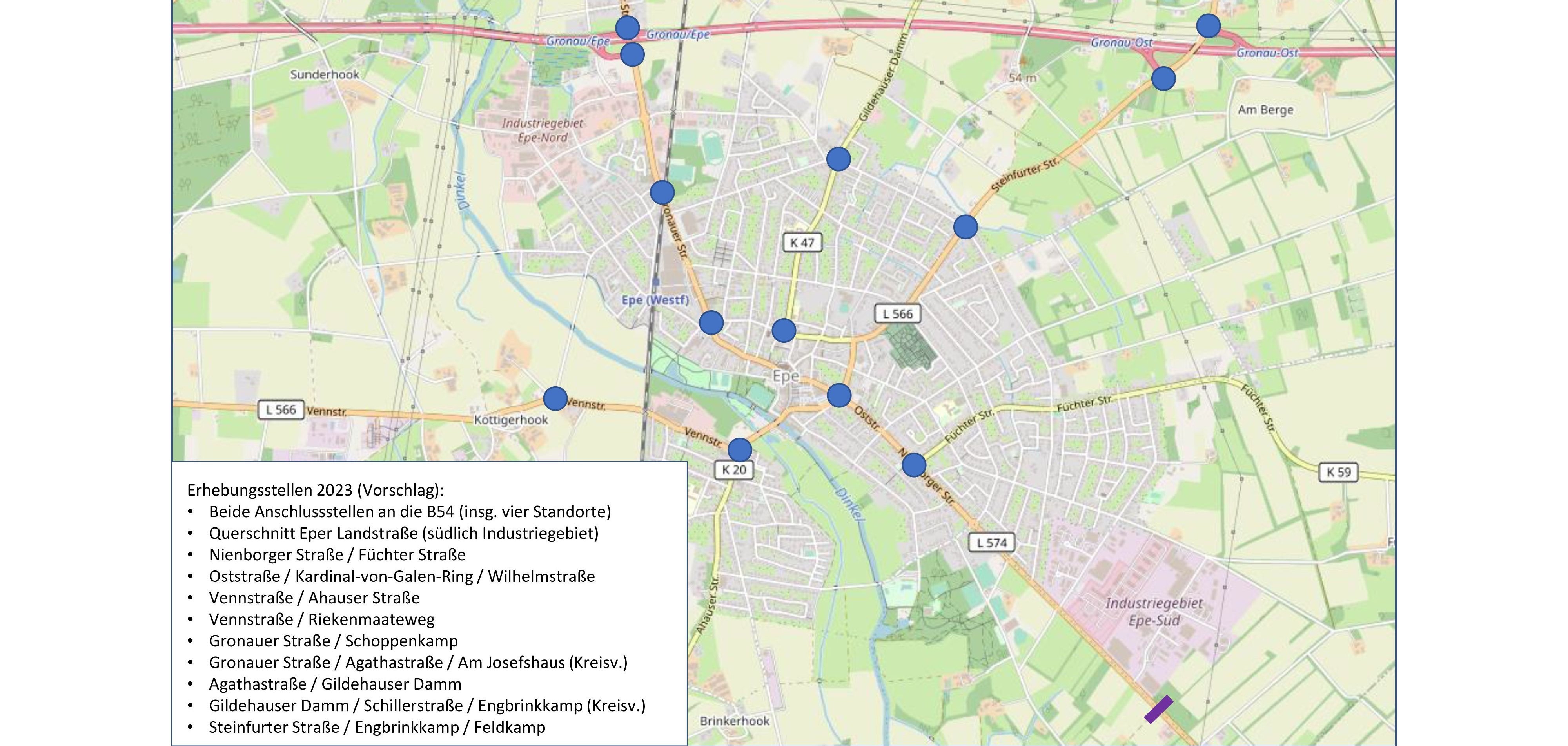 Karte des Ortsteils Epe auf dem die Punkte markiert sind, an denen die Verkehrszählungen stattfinden.