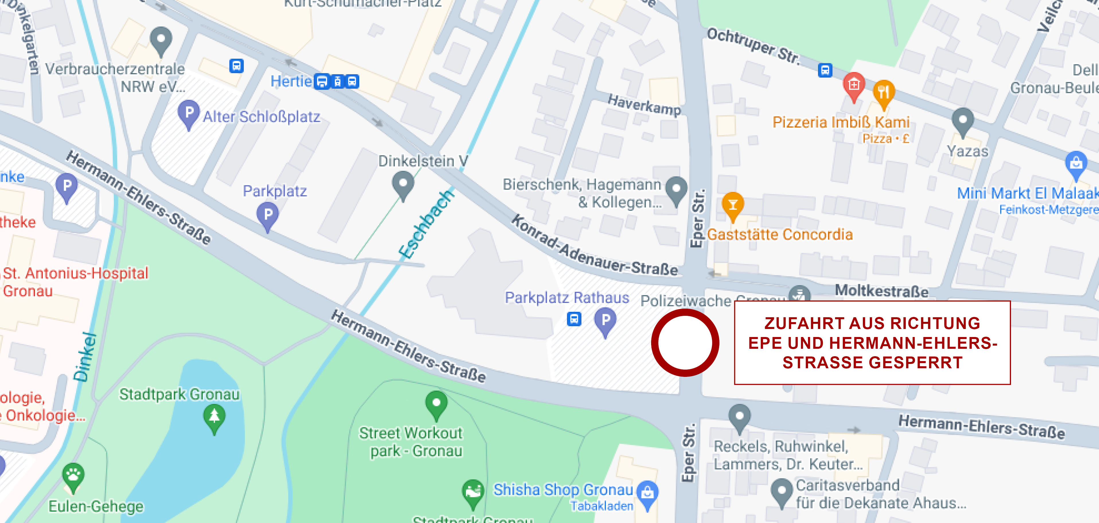 Lageplan mit Hinweis auf Sperrung der Eper Straße