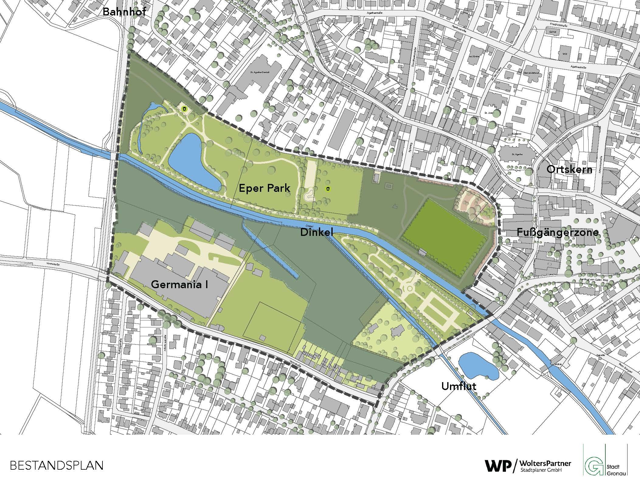Plan des Germania-Quartiers und des Gemeindeparks Epe, das mithilfe des Integrierten Städtebaulichen Entwicklungskonzeptes neu gestaltet werden soll.
