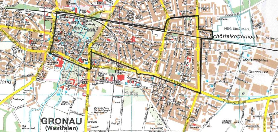 Ein Stadtplan von Gronau, auf dem gekennzeichnet ist, in welchem Gebiet die Wasserrohre gereinigt werden 